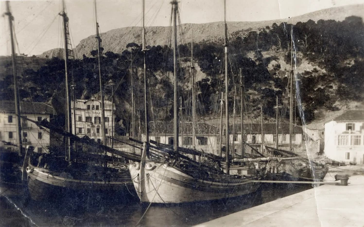 Sailing ships in a Dalmatian harbour, archive photograph